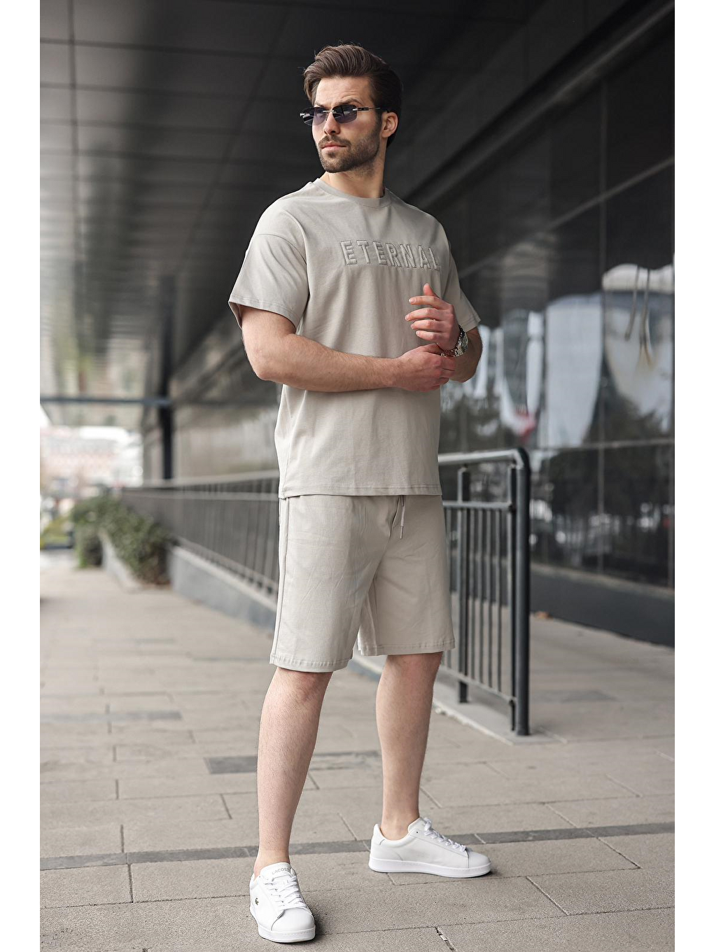 Boyalı Gri Erkek Şort T-Shirt Takım E7347-2