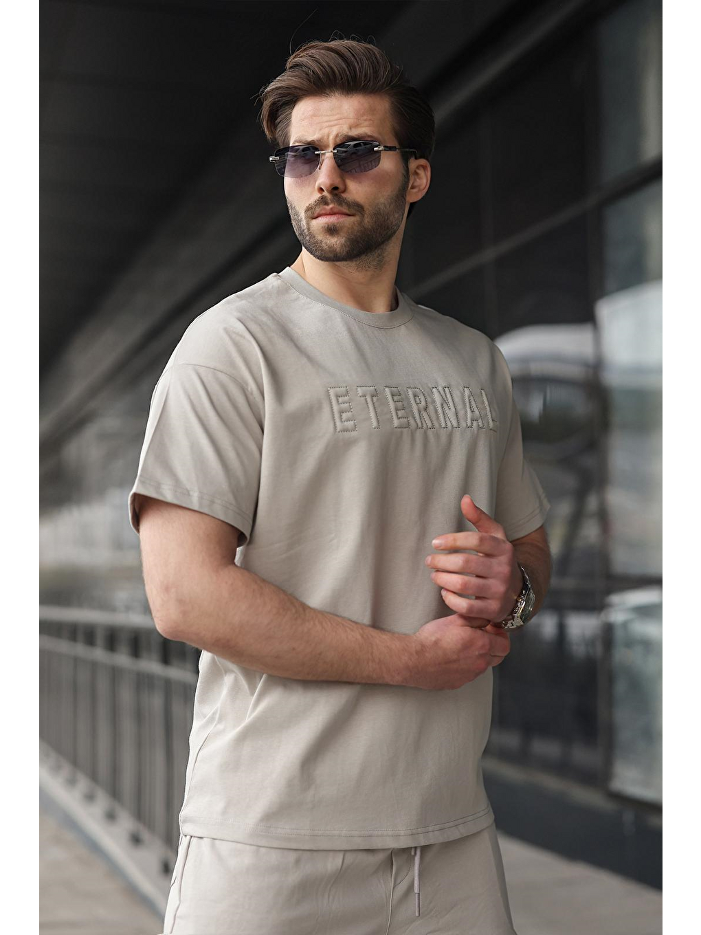 Boyalı Gri Erkek Şort T-Shirt Takım E7347-3