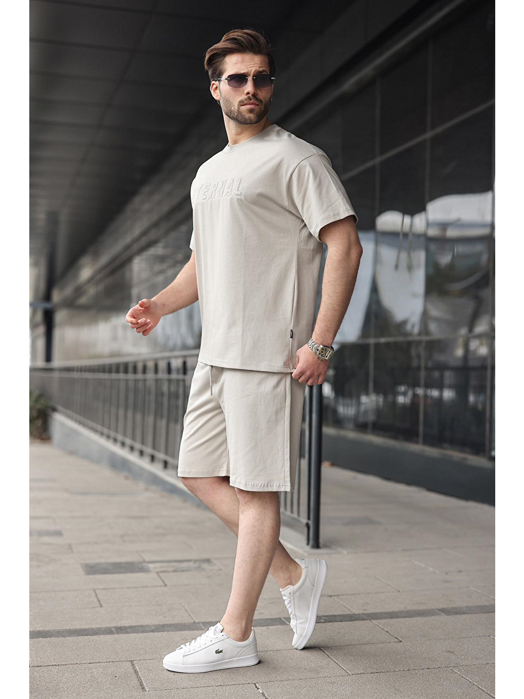 Boyalı Gri Erkek Şort T-Shirt Takım E7347-4