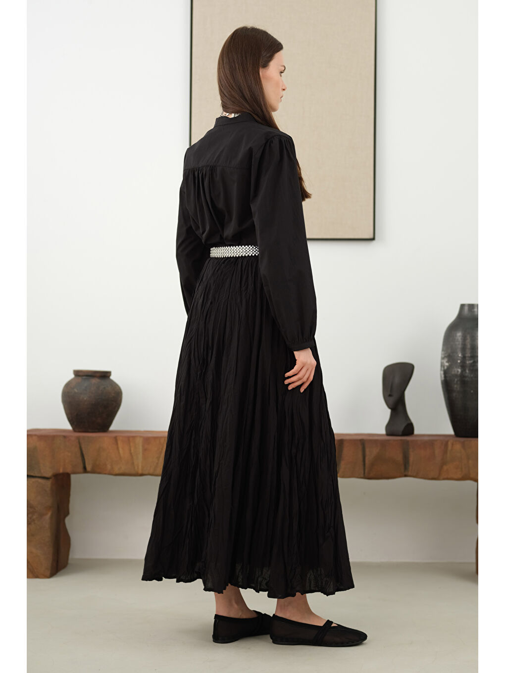 Omzu Büzgülü Poplin Gömlek Siyah-1