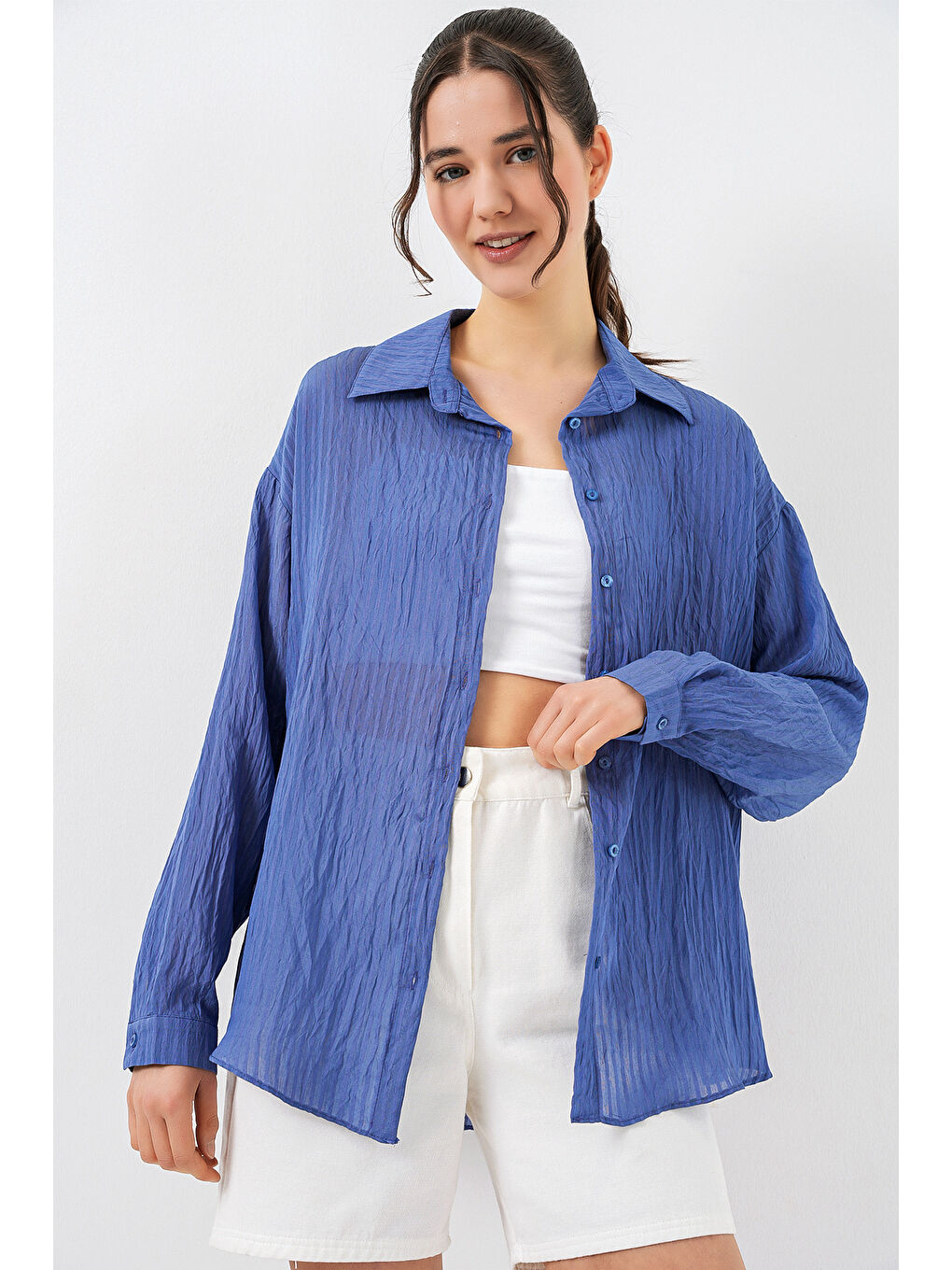 Kadın Uzun Oversize Gömlek 20320 - İndigo