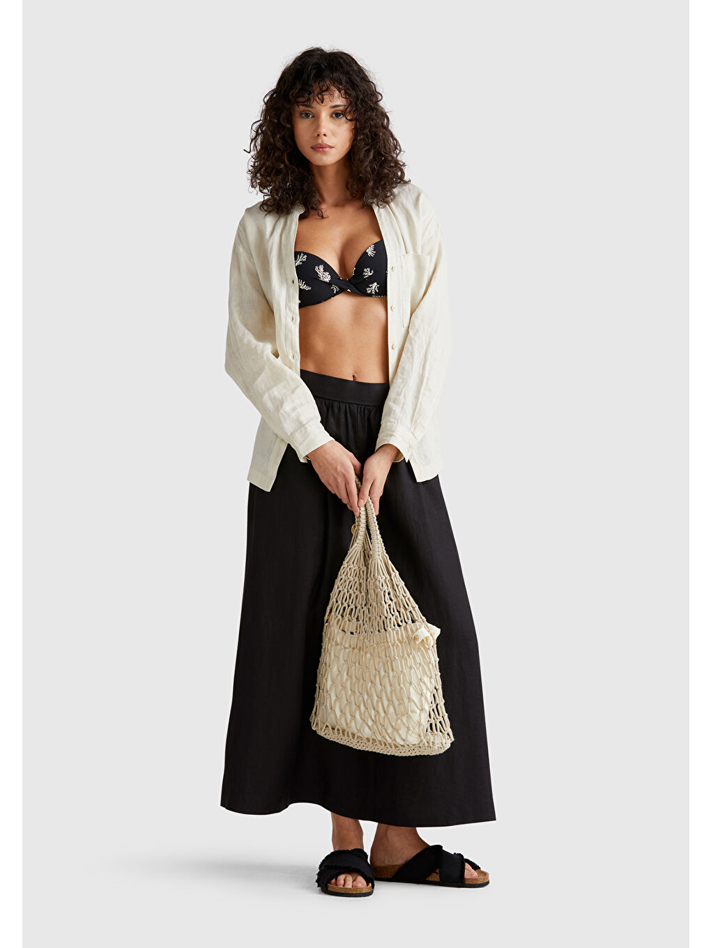 Kadın Siyah %100 Keten Arka Beli Lastikli Pileli Uzun Etek-4