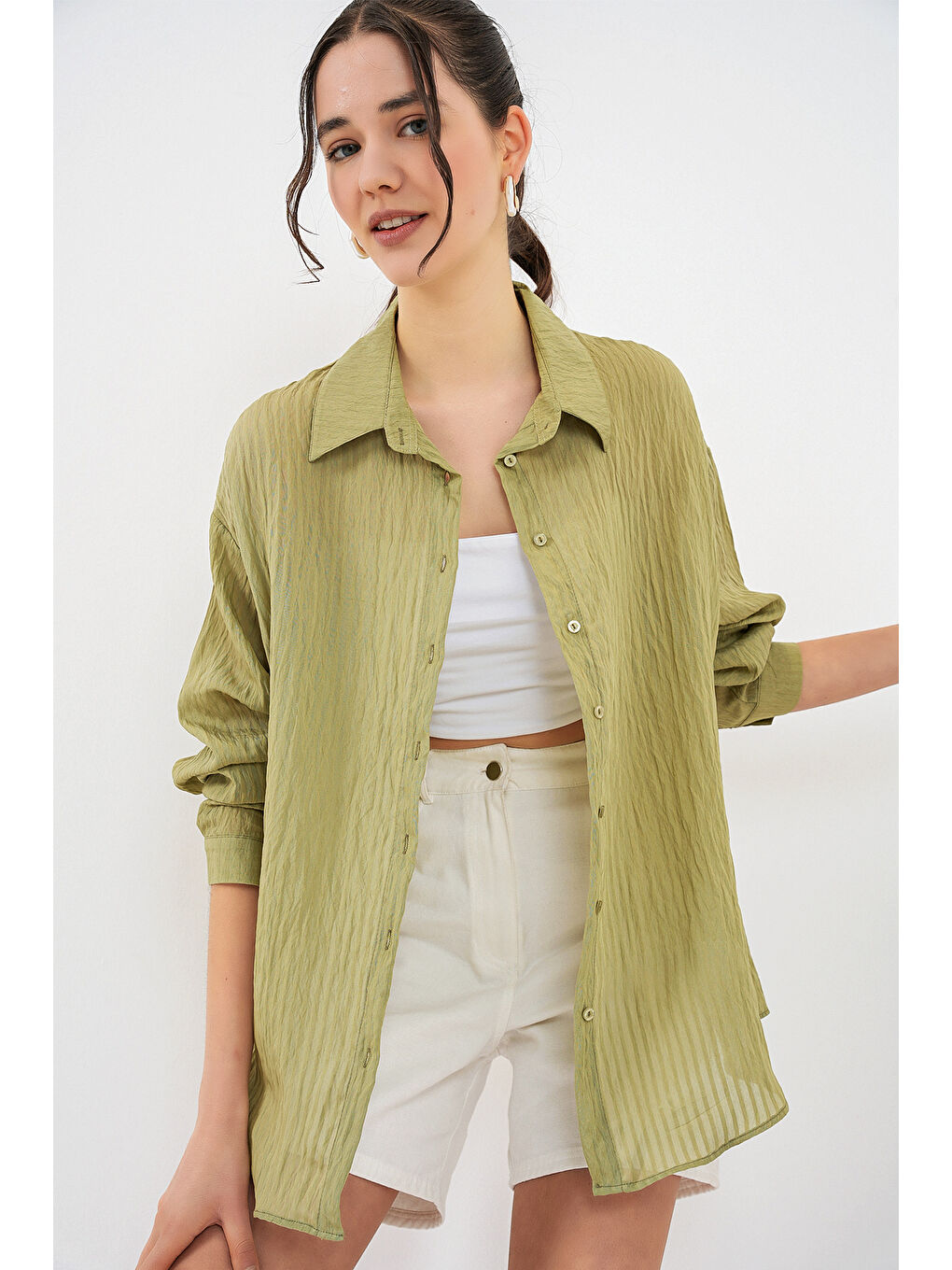 Yeşil Kadın Uzun Oversize Gömlek 20320 - Çağla