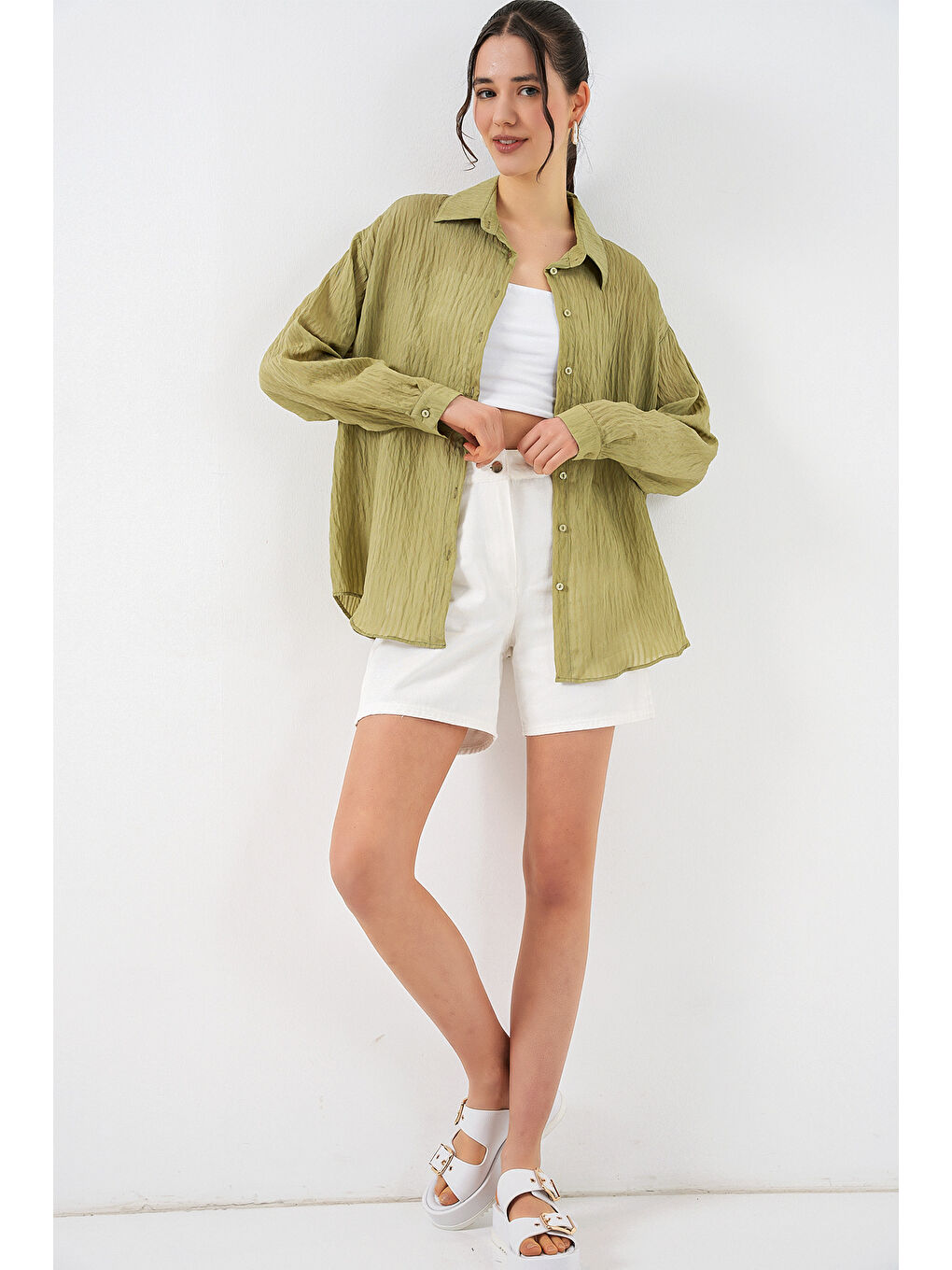 Yeşil Kadın Uzun Oversize Gömlek 20320 - Çağla-1