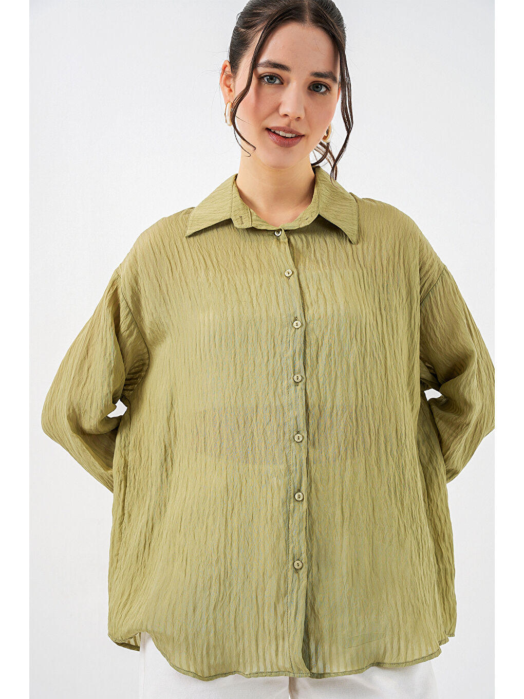 Yeşil Kadın Uzun Oversize Gömlek 20320 - Çağla-2