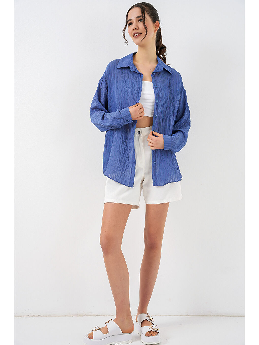 Kadın Uzun Oversize Gömlek 20320 - İndigo-1