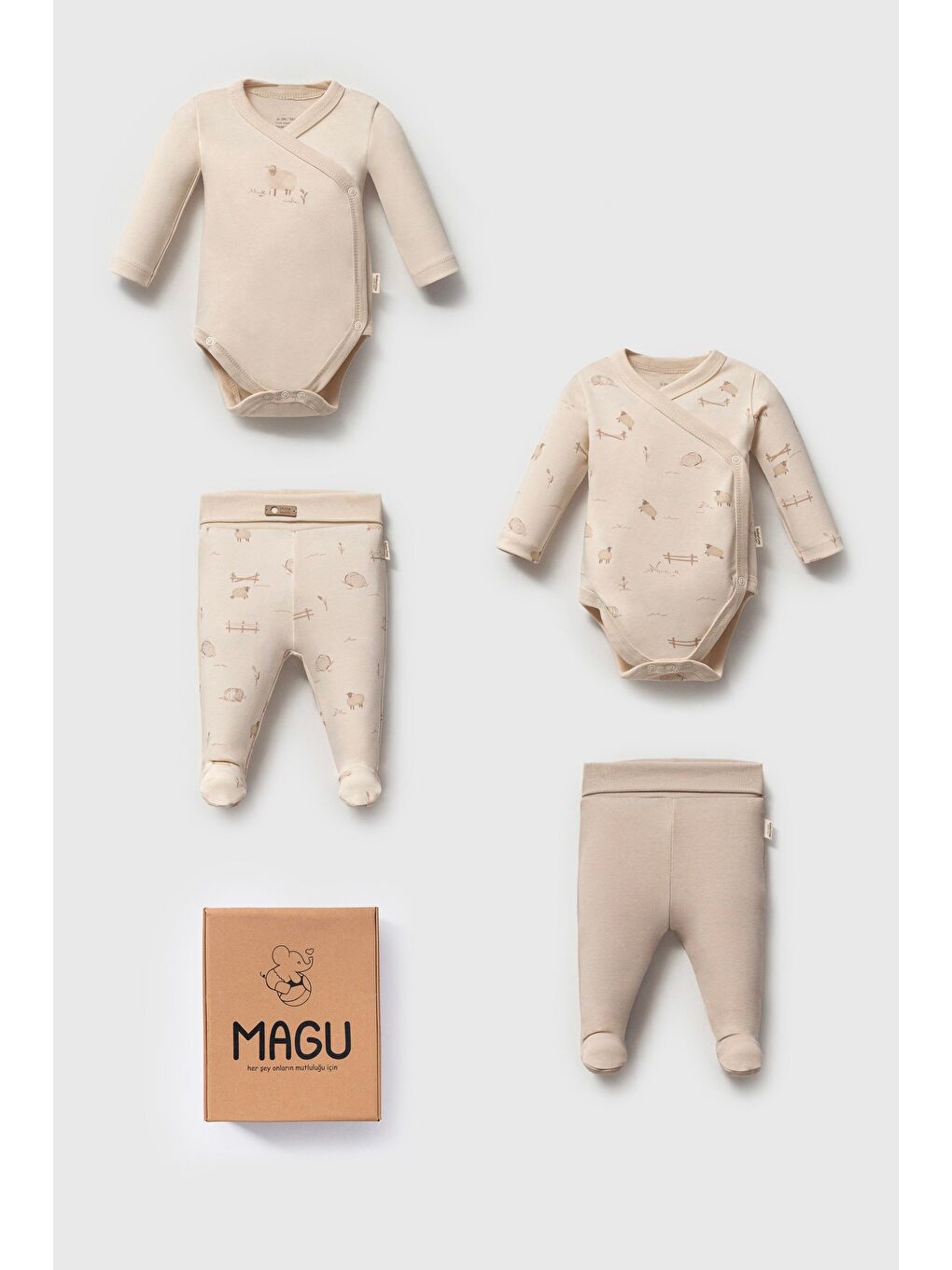 Organik Pamuklu 4'Lü Yenidoğan Bebek Seti - Çapraz Yaka Body Ve Patikli Alt Takım (Bej)