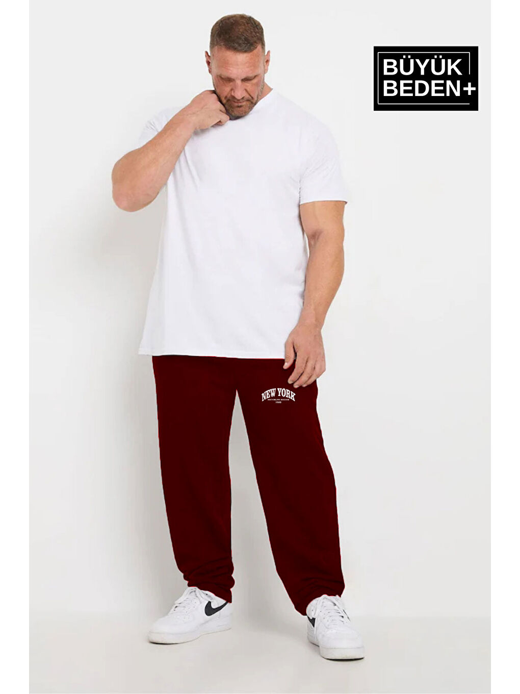 Bordo Büyük Beden New York Baskılı İnce Erkek Eşofman Altı SPR24BEA47