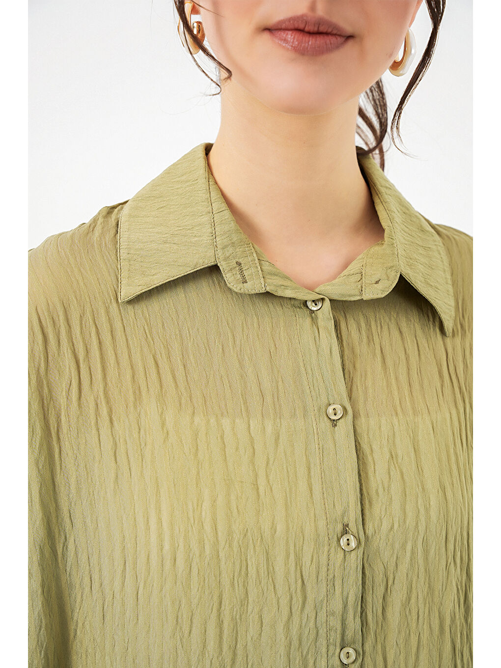 Yeşil Kadın Uzun Oversize Gömlek 20320 - Çağla-3