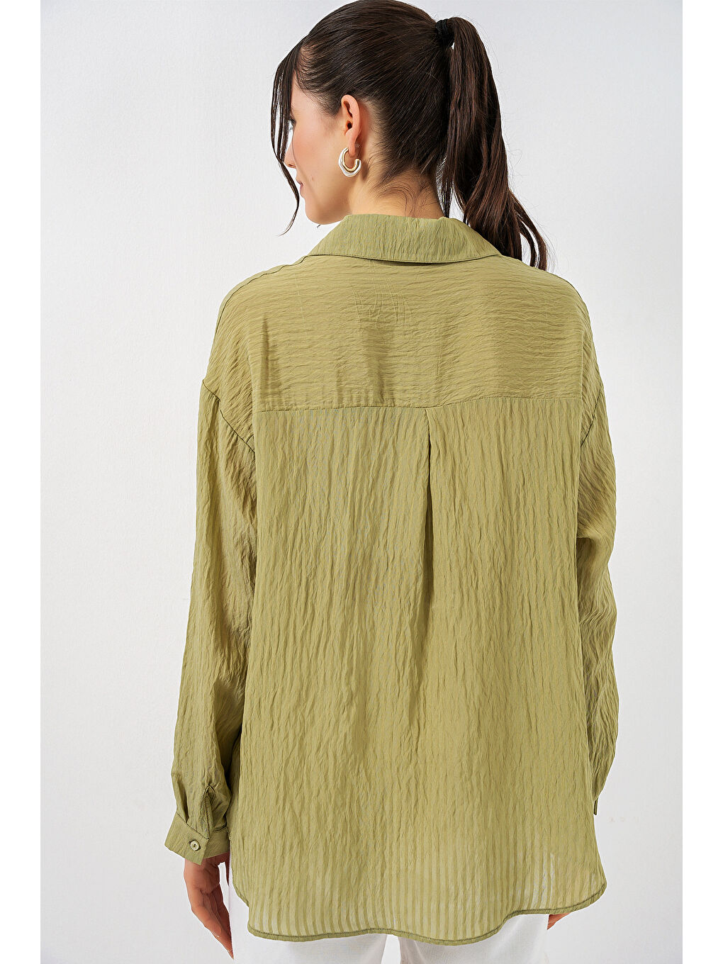 Yeşil Kadın Uzun Oversize Gömlek 20320 - Çağla-4