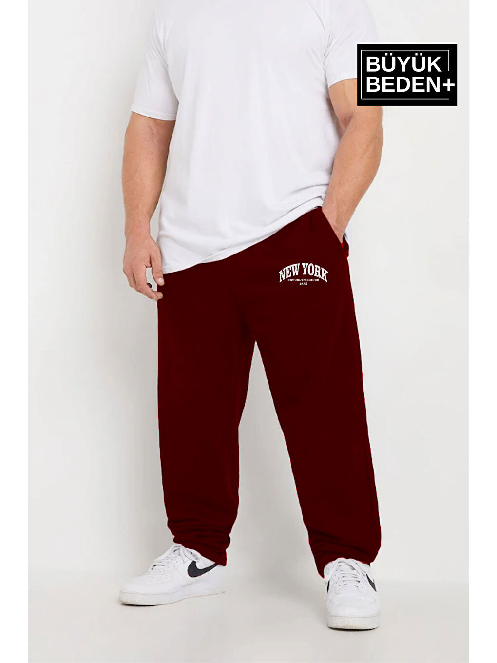 Bordo Büyük Beden New York Baskılı İnce Erkek Eşofman Altı SPR24BEA47-1