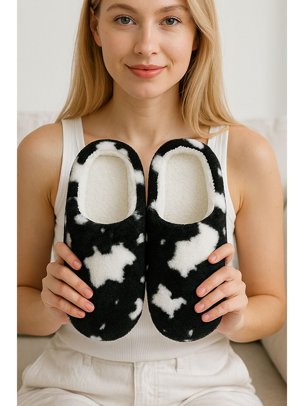 Siyah PUFFY Kadın Ev Terliği Kışlık Terlik Kauçuk Ses Yapmaz Taban-1