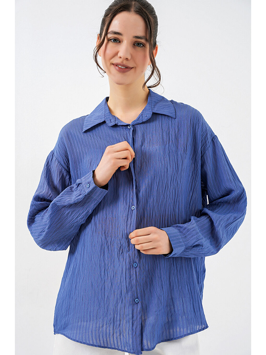 Kadın Uzun Oversize Gömlek 20320 - İndigo-3