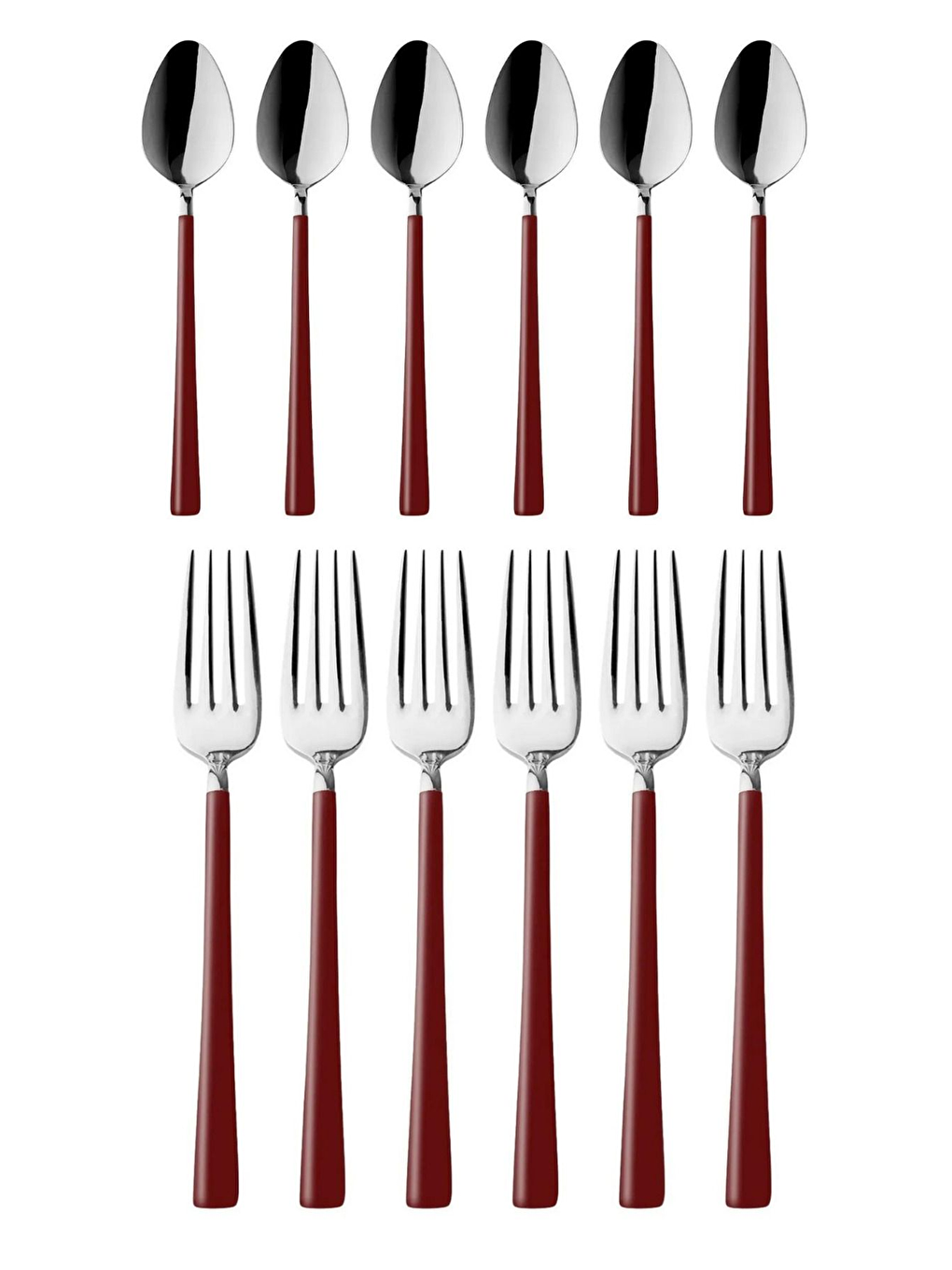 Gri Parlak Gümüş Bordo Tatlı Çatal ve Kaşığı Seti Kahvaltı Seti Kutulu Paslanmaz Çelik 12 Adet Gümüş