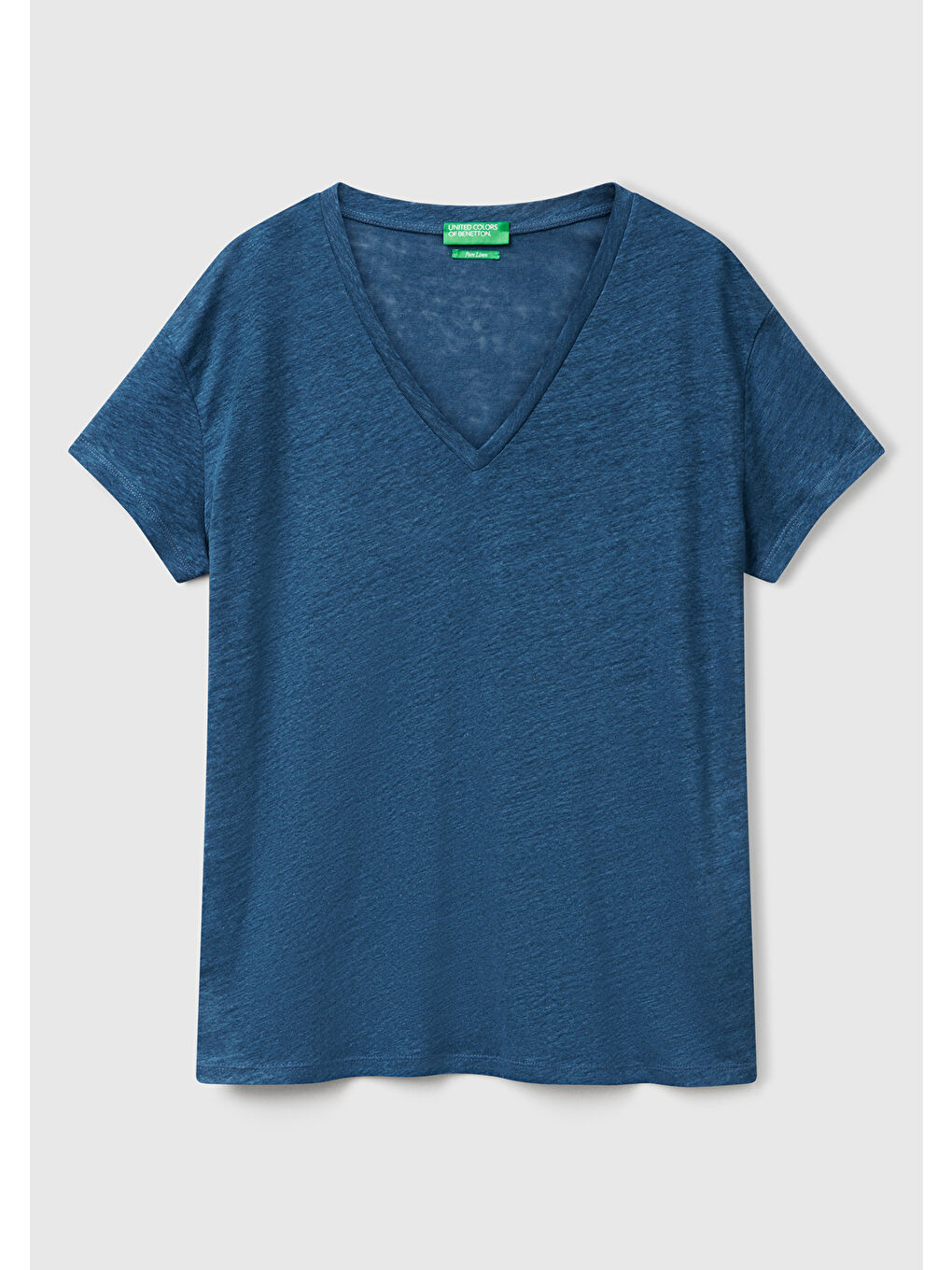 Mavi Kadın Denim %100 Keten Düşük Omuzlu Relax Fit V Yaka T-Shirt-1