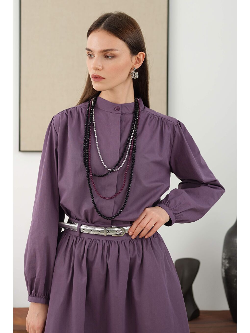 Mor Omzu Büzgülü Poplin Gömlek Retro Violet