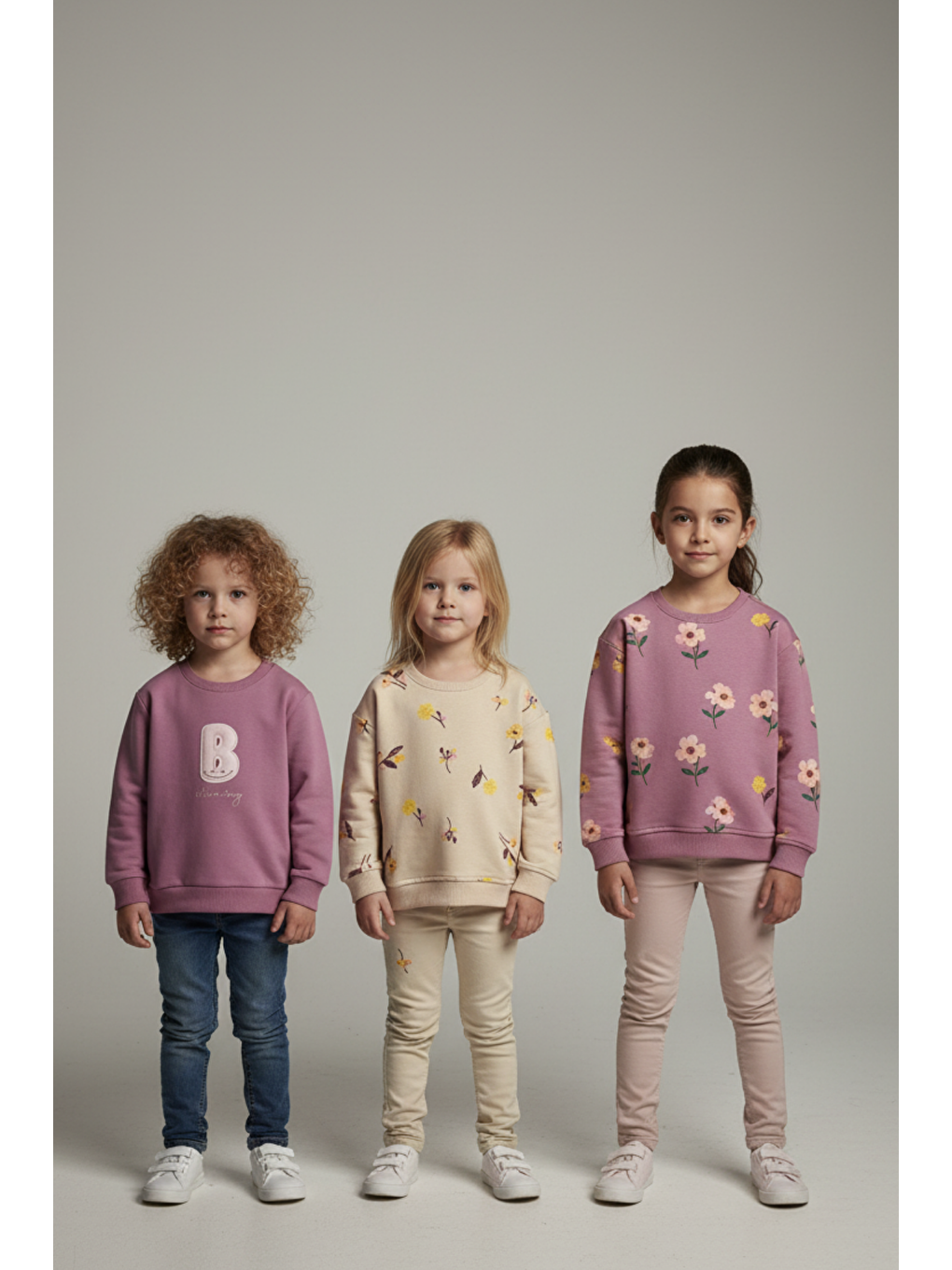 Karışık Kız Çocuk Pamuklu 3'Lü Sweatshirt Seti - Çiçek Desenli Ve Nakışlı Tasarımlar