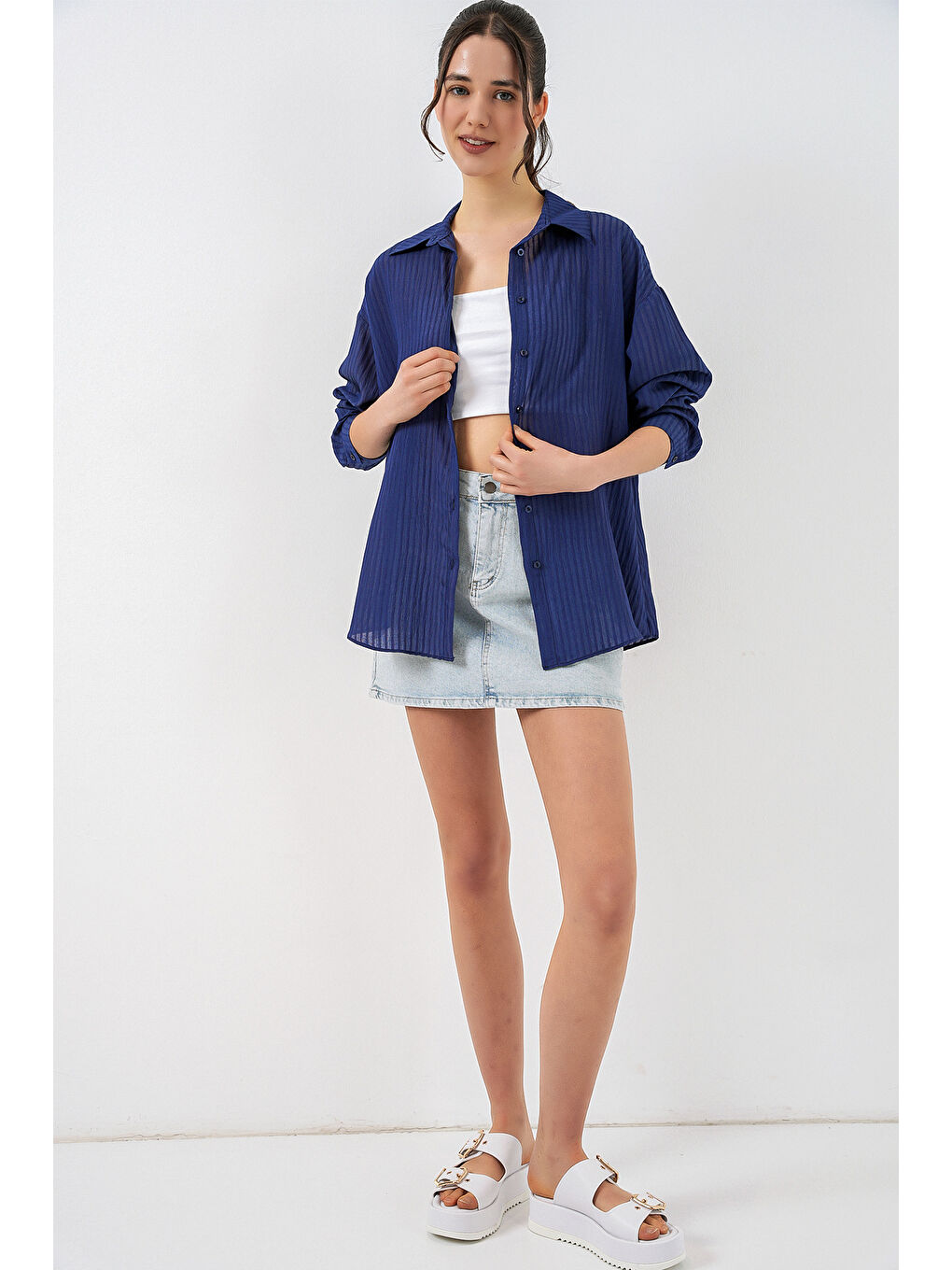 Kadın Uzun Oversize Gömlek 20320 - Lacivert-1