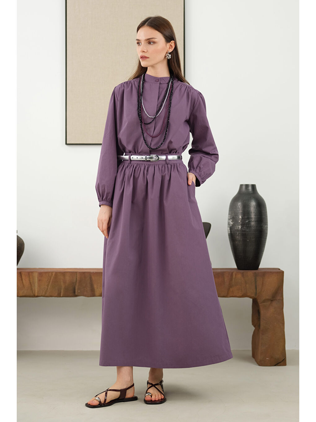 Mor Omzu Büzgülü Poplin Gömlek Retro Violet-2