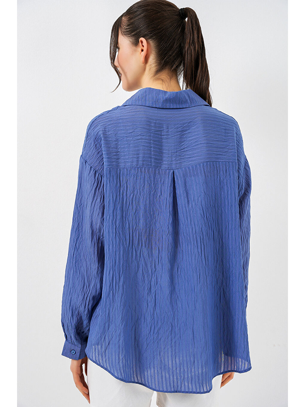 Kadın Uzun Oversize Gömlek 20320 - İndigo-5