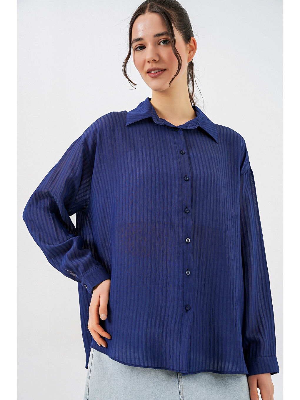 Kadın Uzun Oversize Gömlek 20320 - Lacivert-2