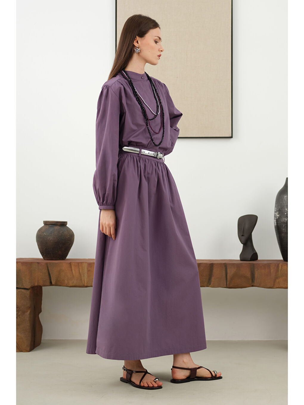 Mor Omzu Büzgülü Poplin Gömlek Retro Violet-3