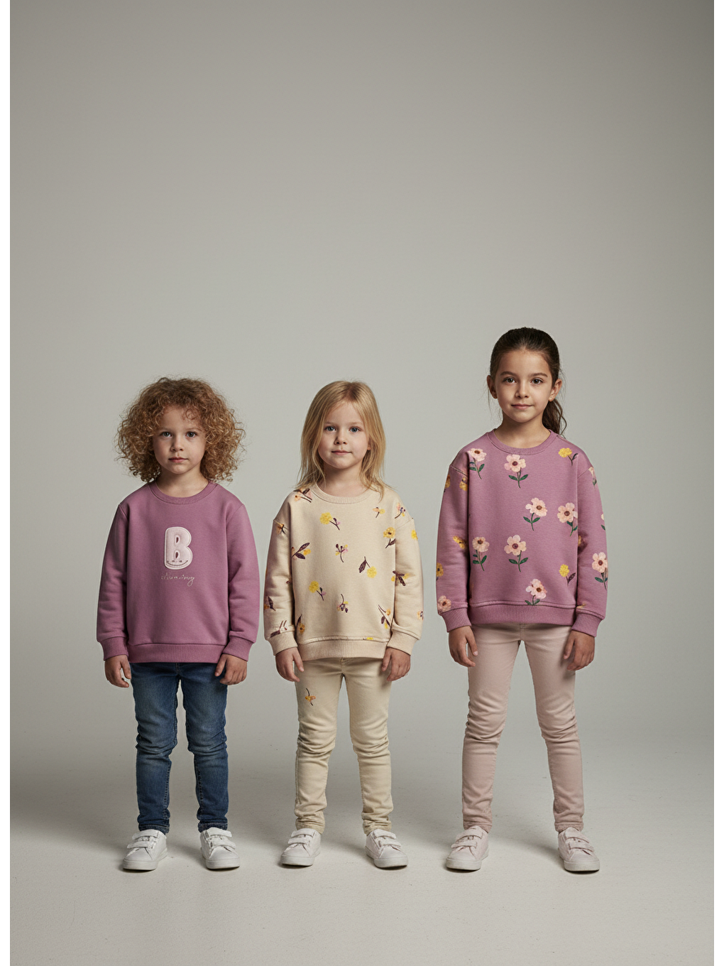 Karışık Kız Çocuk Pamuklu 3'Lü Sweatshirt Seti - Çiçek Desenli Ve Nakışlı Tasarımlar-1