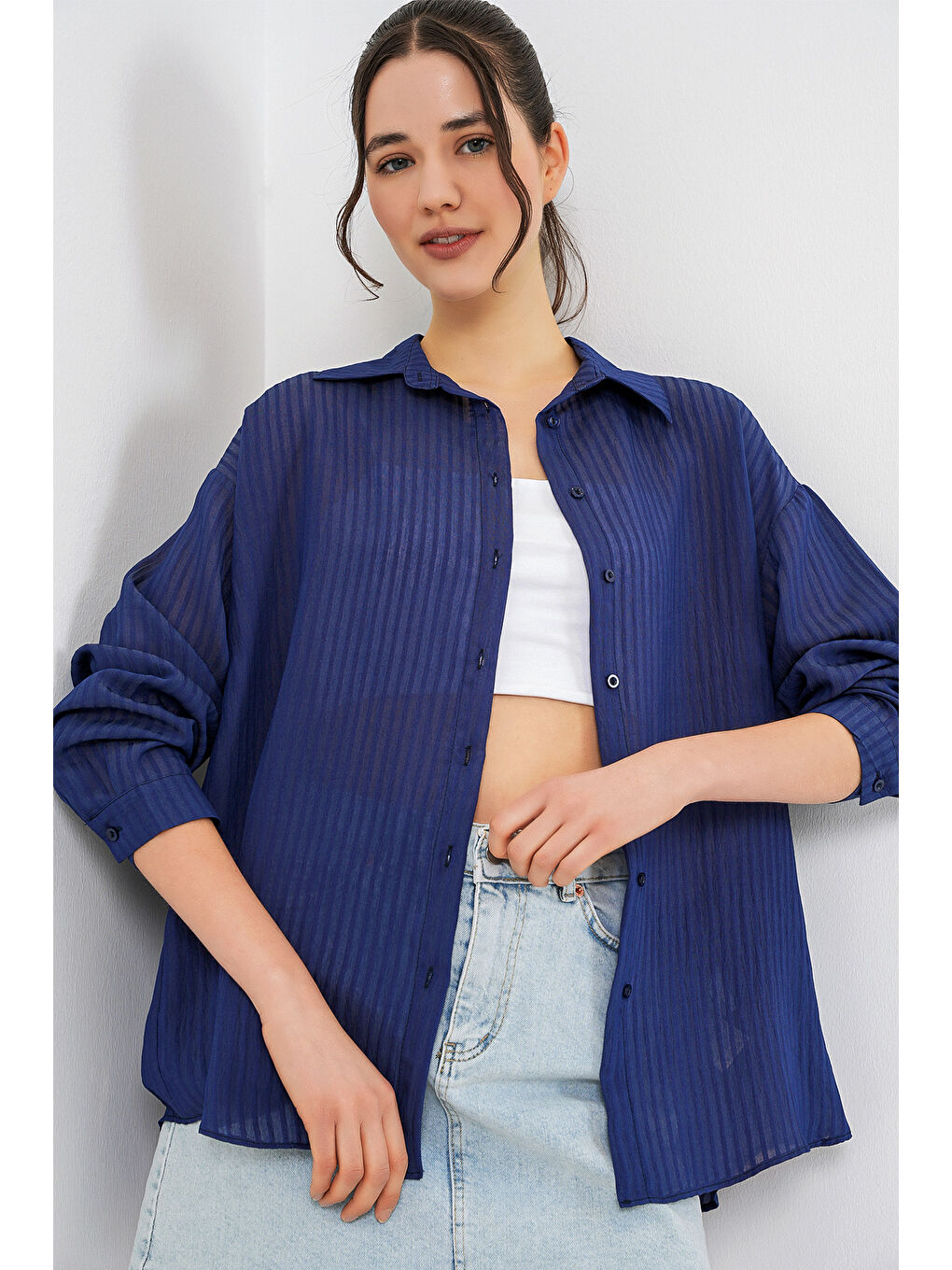 Kadın Uzun Oversize Gömlek 20320 - Lacivert-3
