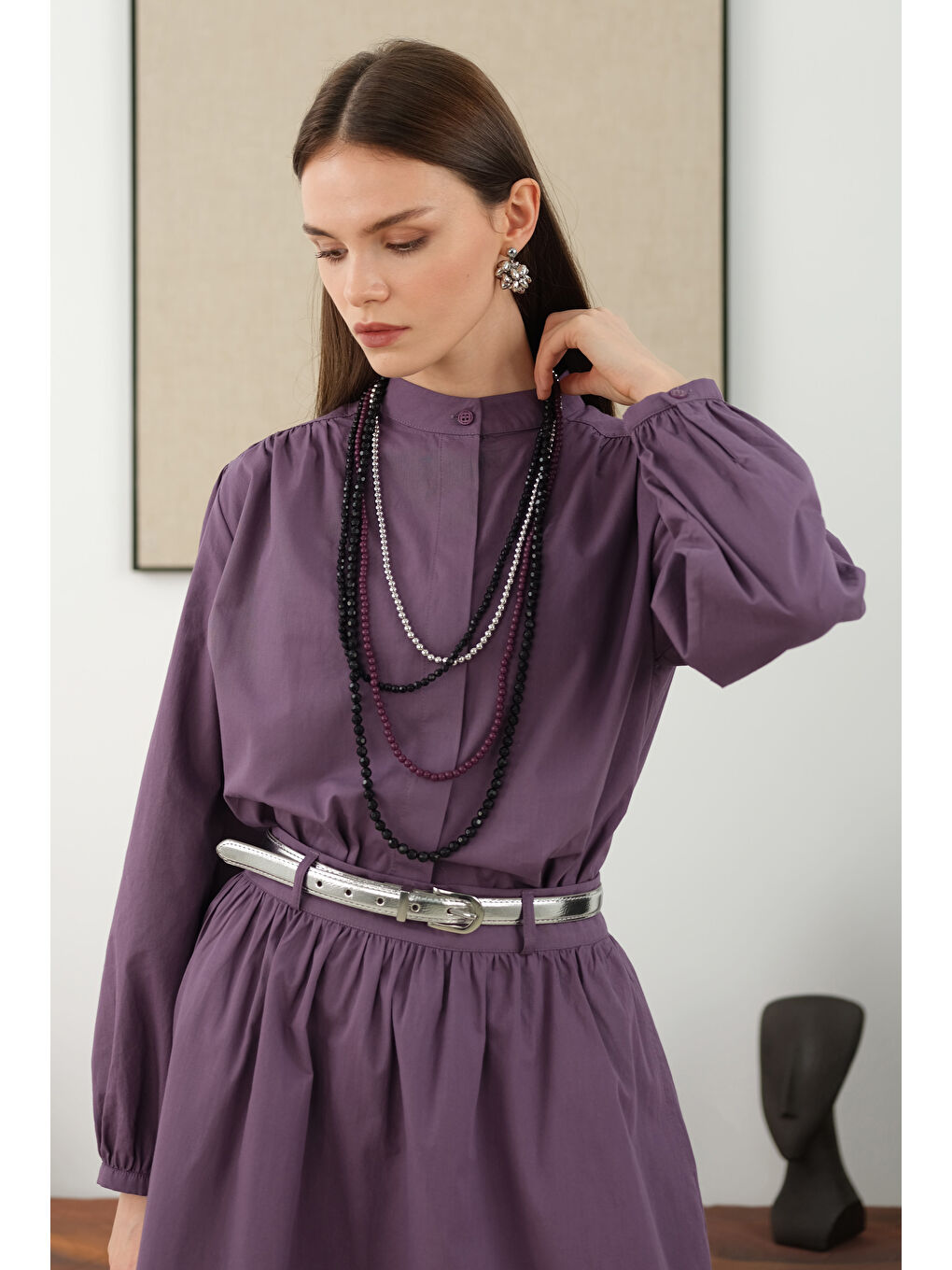 Mor Omzu Büzgülü Poplin Gömlek Retro Violet-4