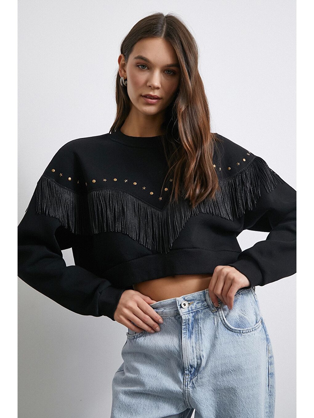 Püsküllü Crop Sweat Siyah-1