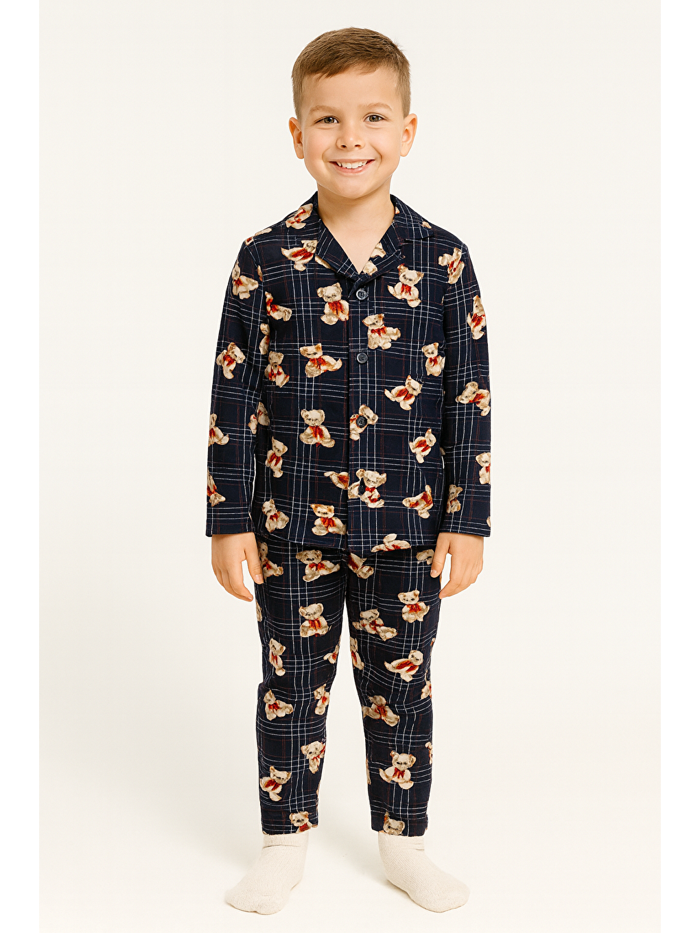 Gömlek Yaka Ayıcık Baskılı Lacivert Renk Erkek Çocuk Pijama Takımı