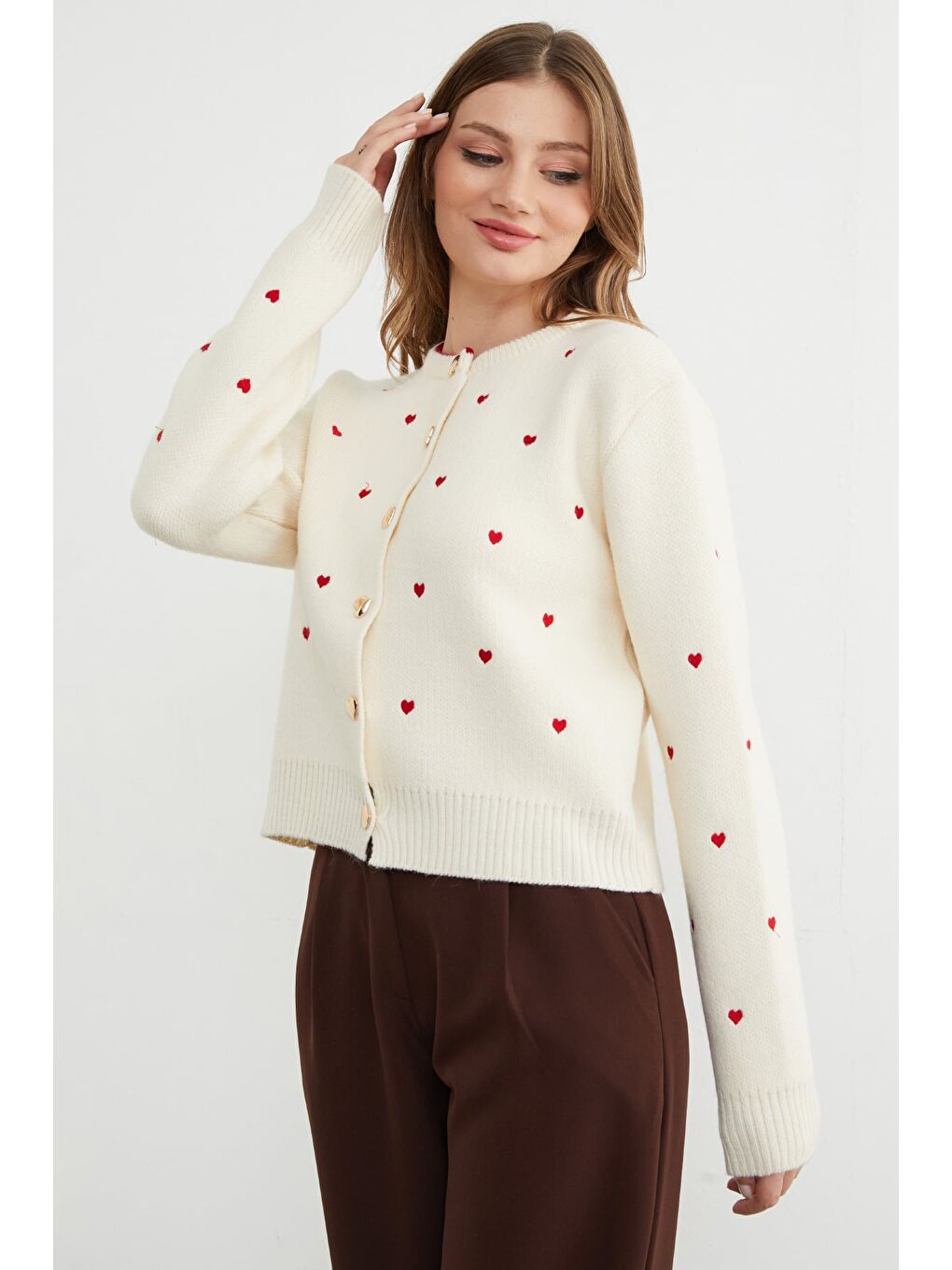 Ekru Kalp Nakışlı Düğmeli Triko Hırka-3