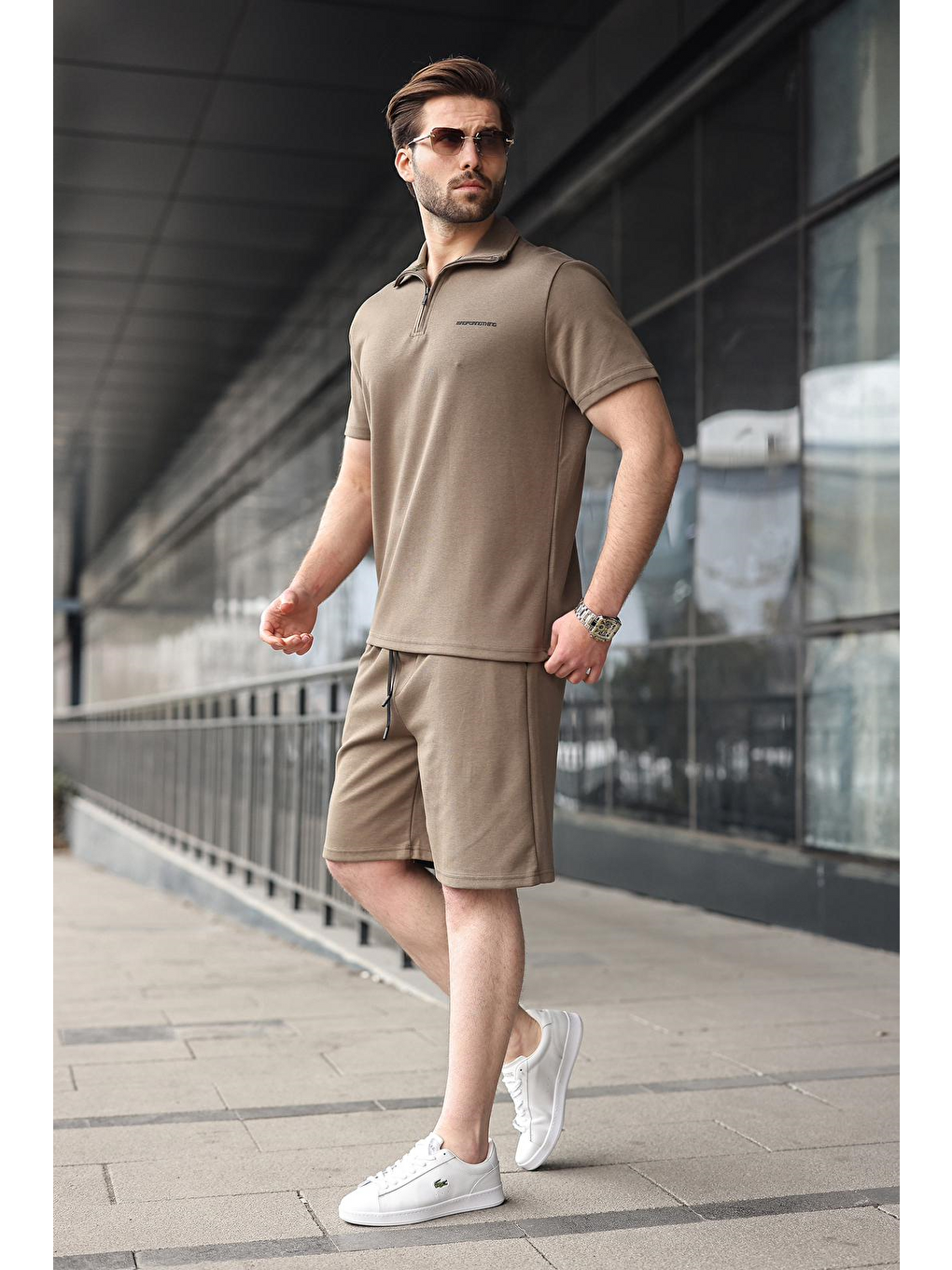 Haki Yarım Fermuarlı Polo Yaka T-Shirt Şort Takım E7348
