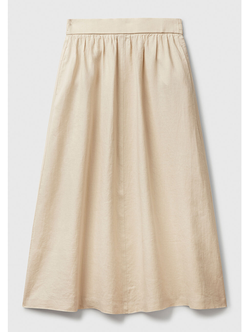 Bej Kadın Taş Rengi %100 Keten Arka Beli Lastikli Pileli Uzun Etek-1