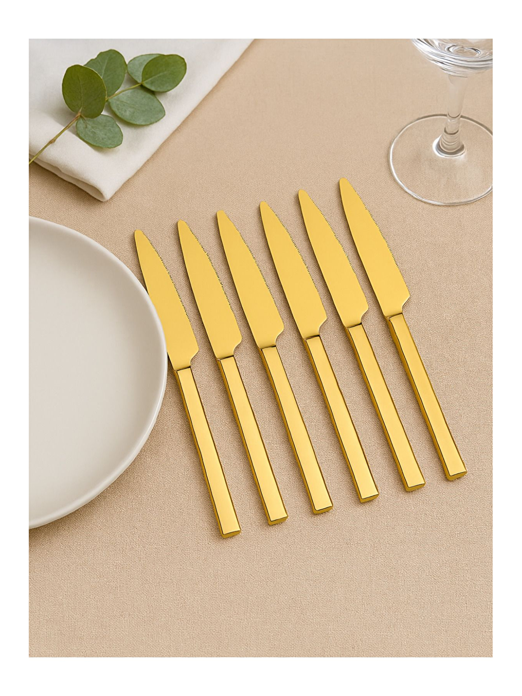 Sarı Parlak Gold Pasta ve Tatlı Bıçağı Seti Paslanmaz Çelik Kahvaltı Bıçak Seti 6 Adet Kutulu-1
