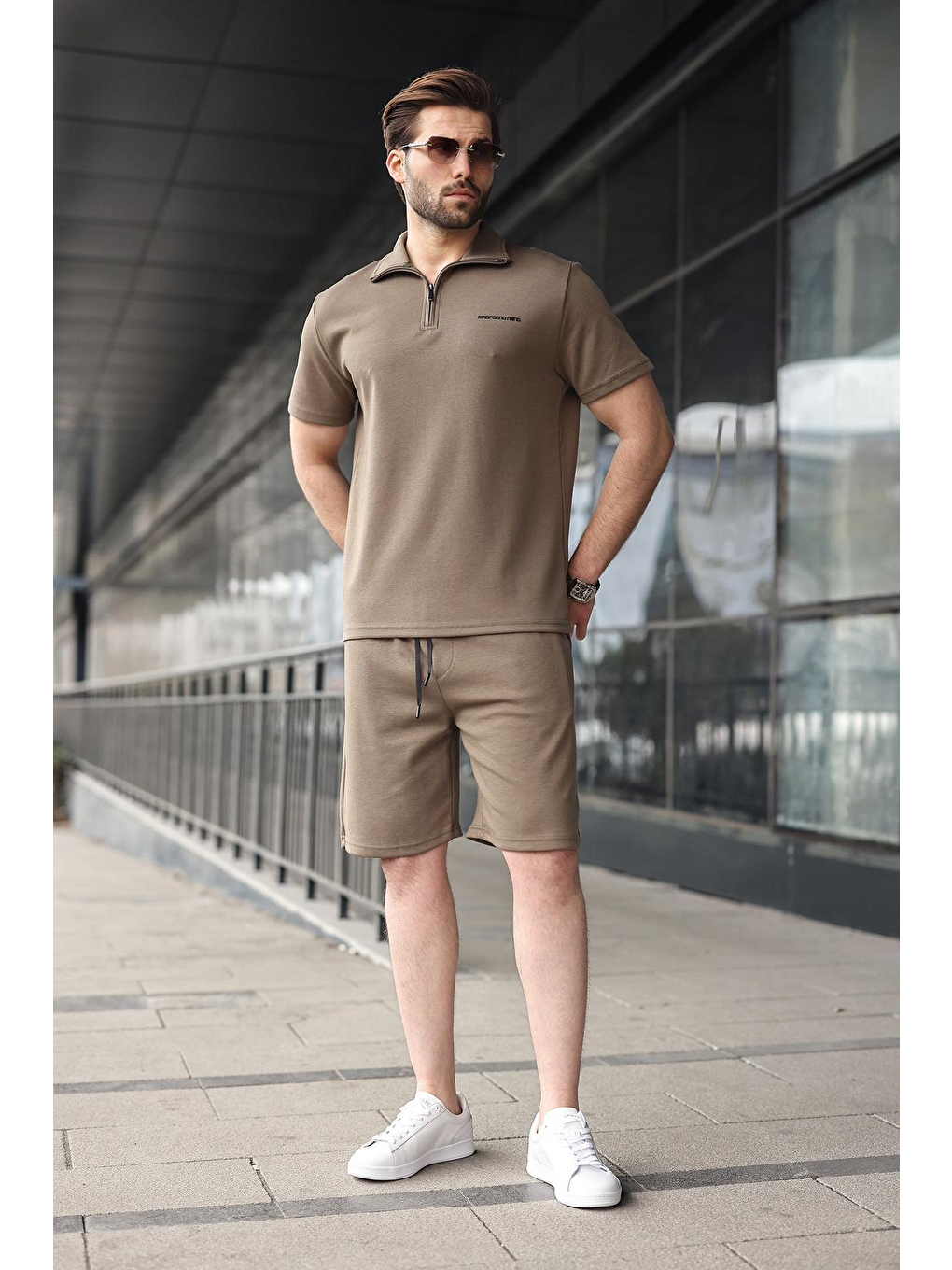 Haki Yarım Fermuarlı Polo Yaka T-Shirt Şort Takım E7348-1