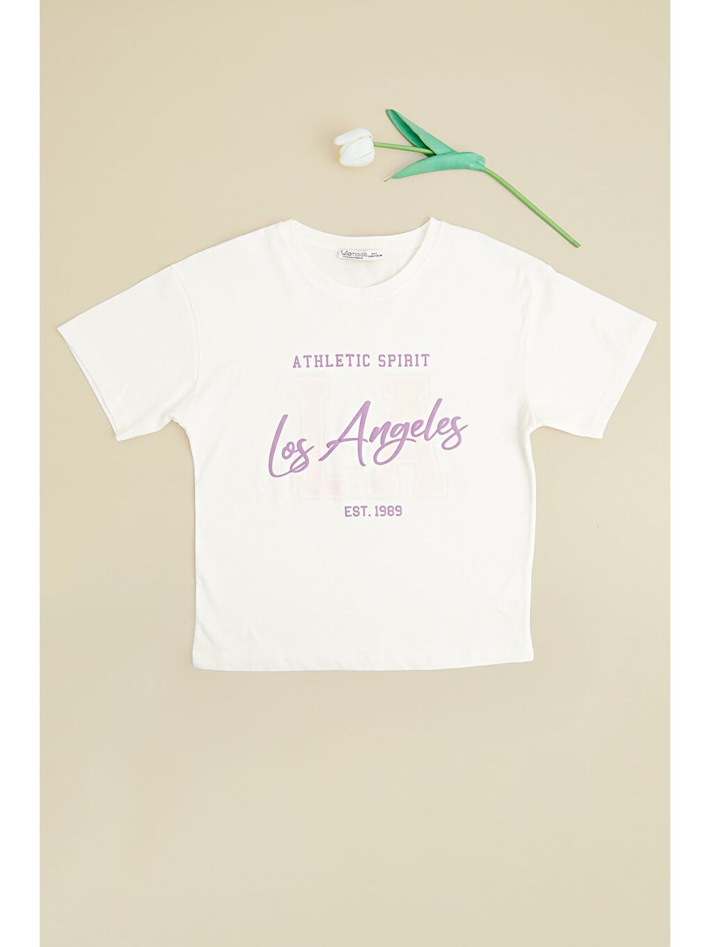 Ekru Los Angeles Baskılı Kız Çocuk Crop Tişört-2