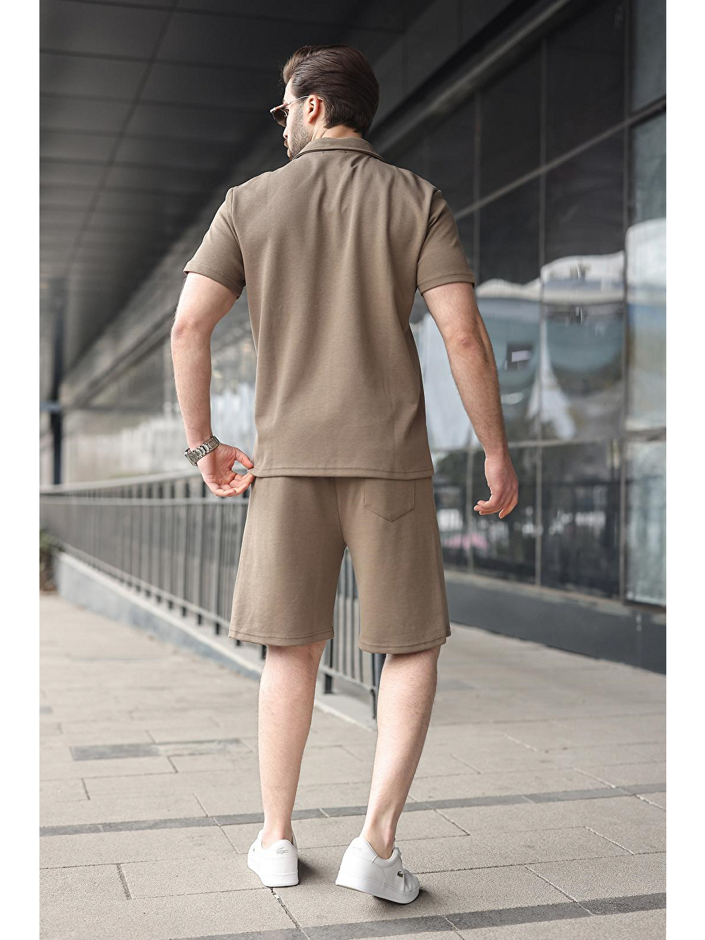 Haki Yarım Fermuarlı Polo Yaka T-Shirt Şort Takım E7348-2