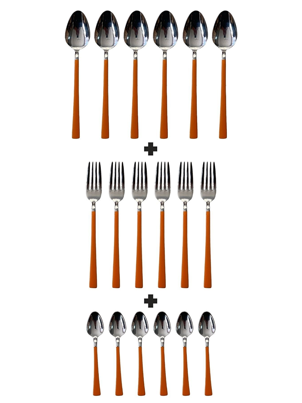Gri Parlak Gümüş Turuncu Pasta Tatlı Kaşık-Çatal-Çay Kaşığı Seti 18 Adet Gümüş