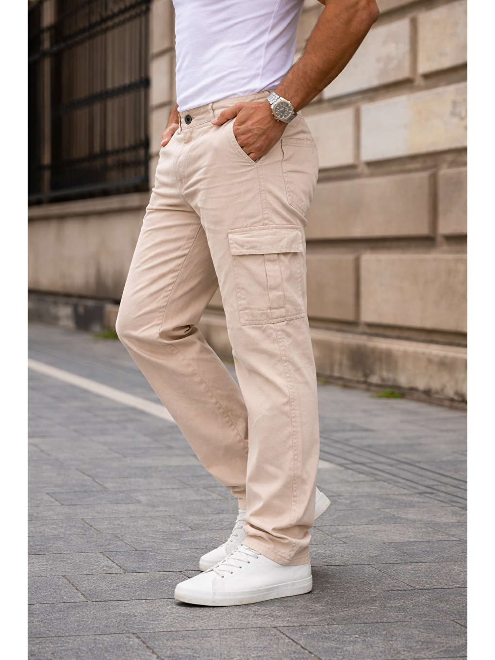 Erkek Kargo Cepli Pamuklu Bej Baggy Pantolon-1