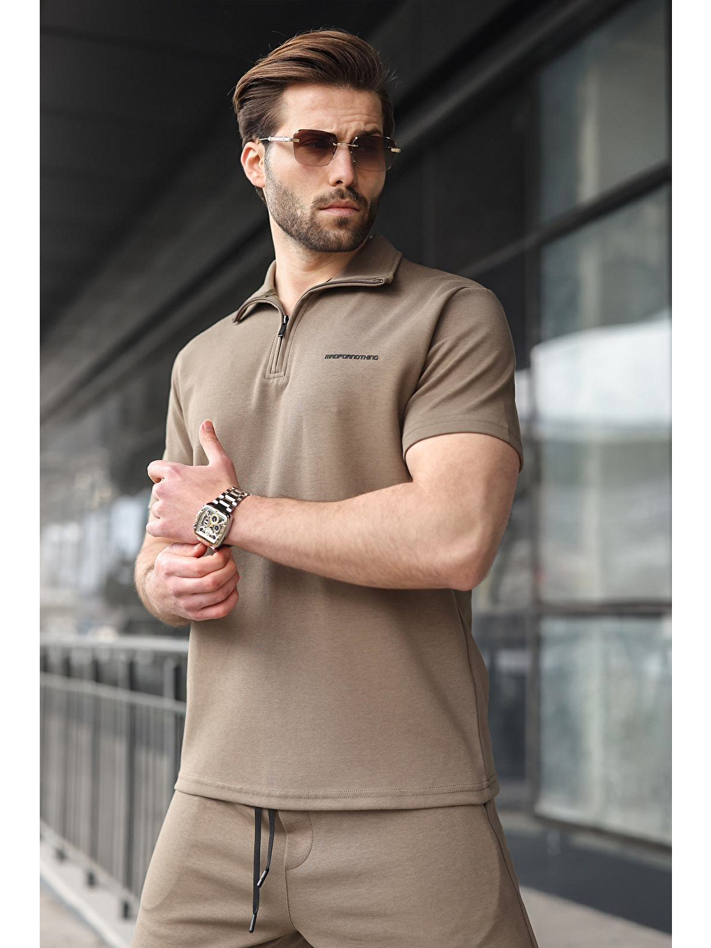 Haki Yarım Fermuarlı Polo Yaka T-Shirt Şort Takım E7348-5