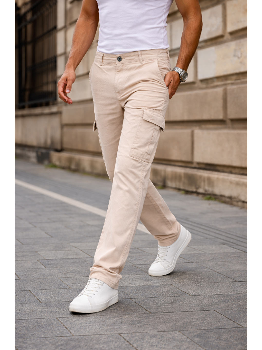 Erkek Kargo Cepli Pamuklu Bej Baggy Pantolon-2