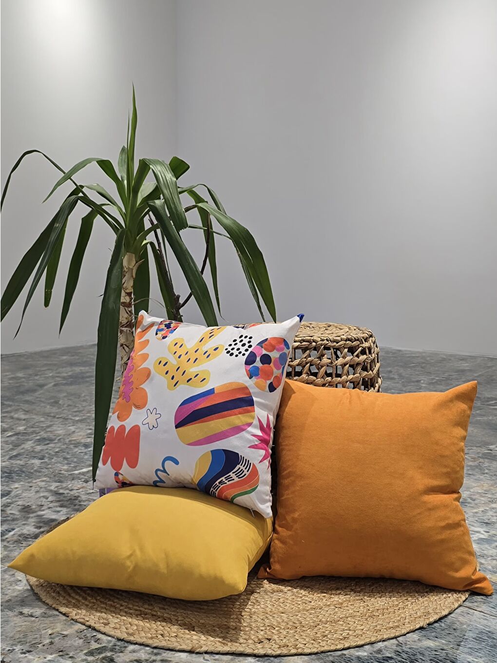 Turuncu Modern Geometrik Desen -Panoroma Düz Renk 3 lü Dekoratif Kırlent Kılıfı-1