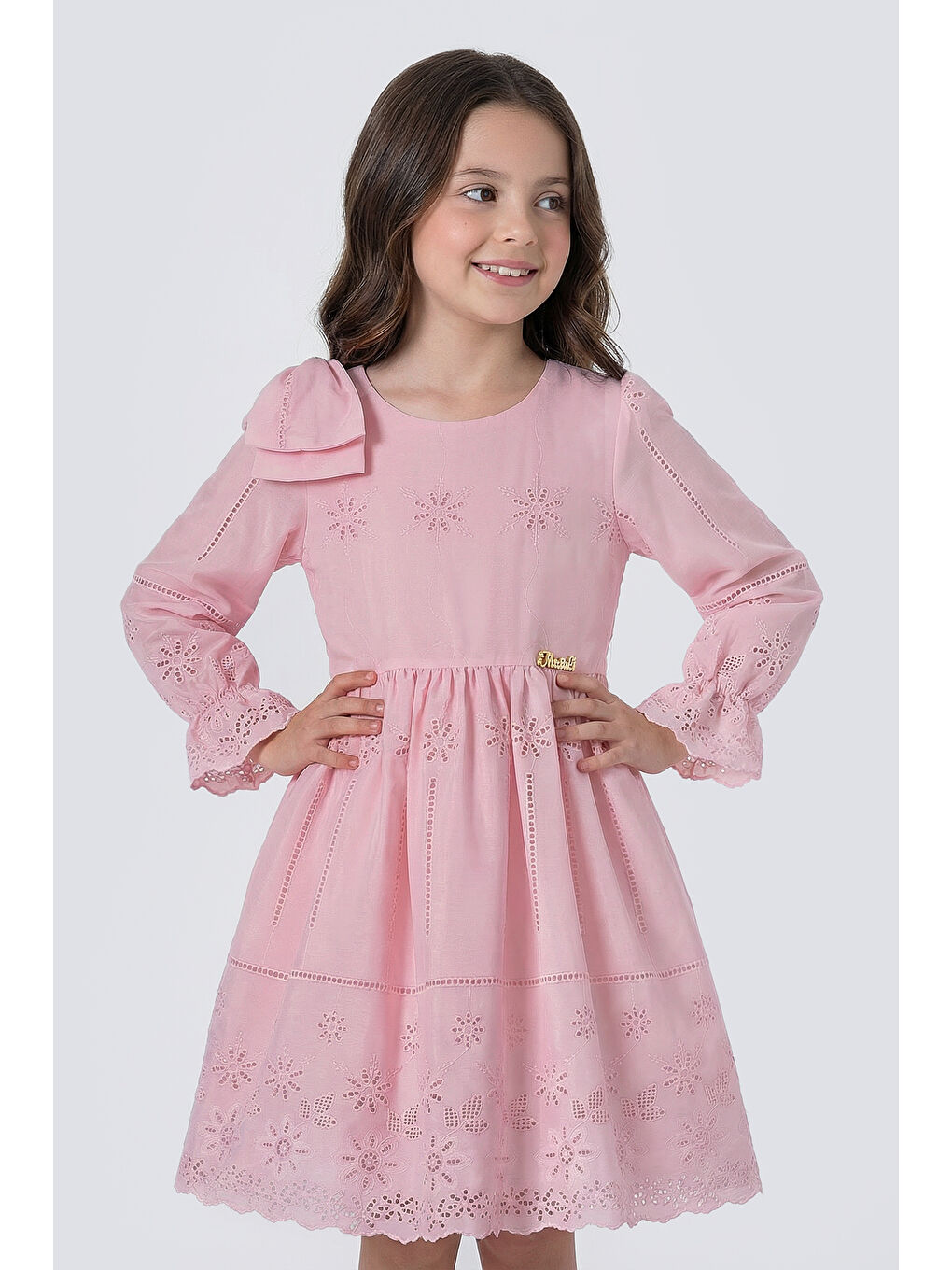 Pembe Kız Çocuk Omzu Fiyonk Detaylı Uzun Kollu Fisto Elbise-3