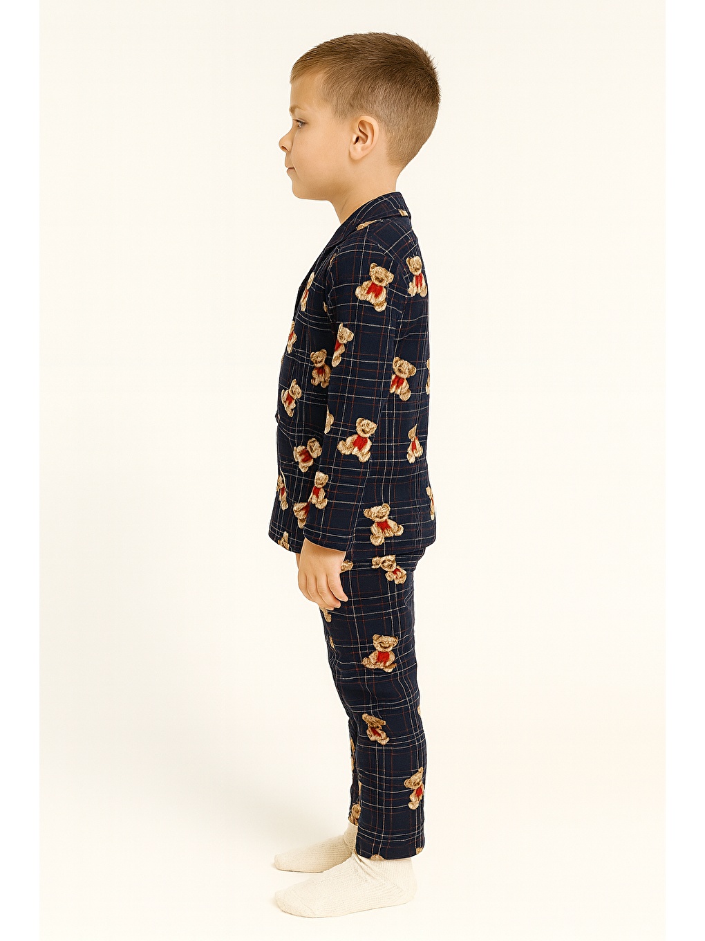 Gömlek Yaka Ayıcık Baskılı Lacivert Renk Erkek Çocuk Pijama Takımı-1