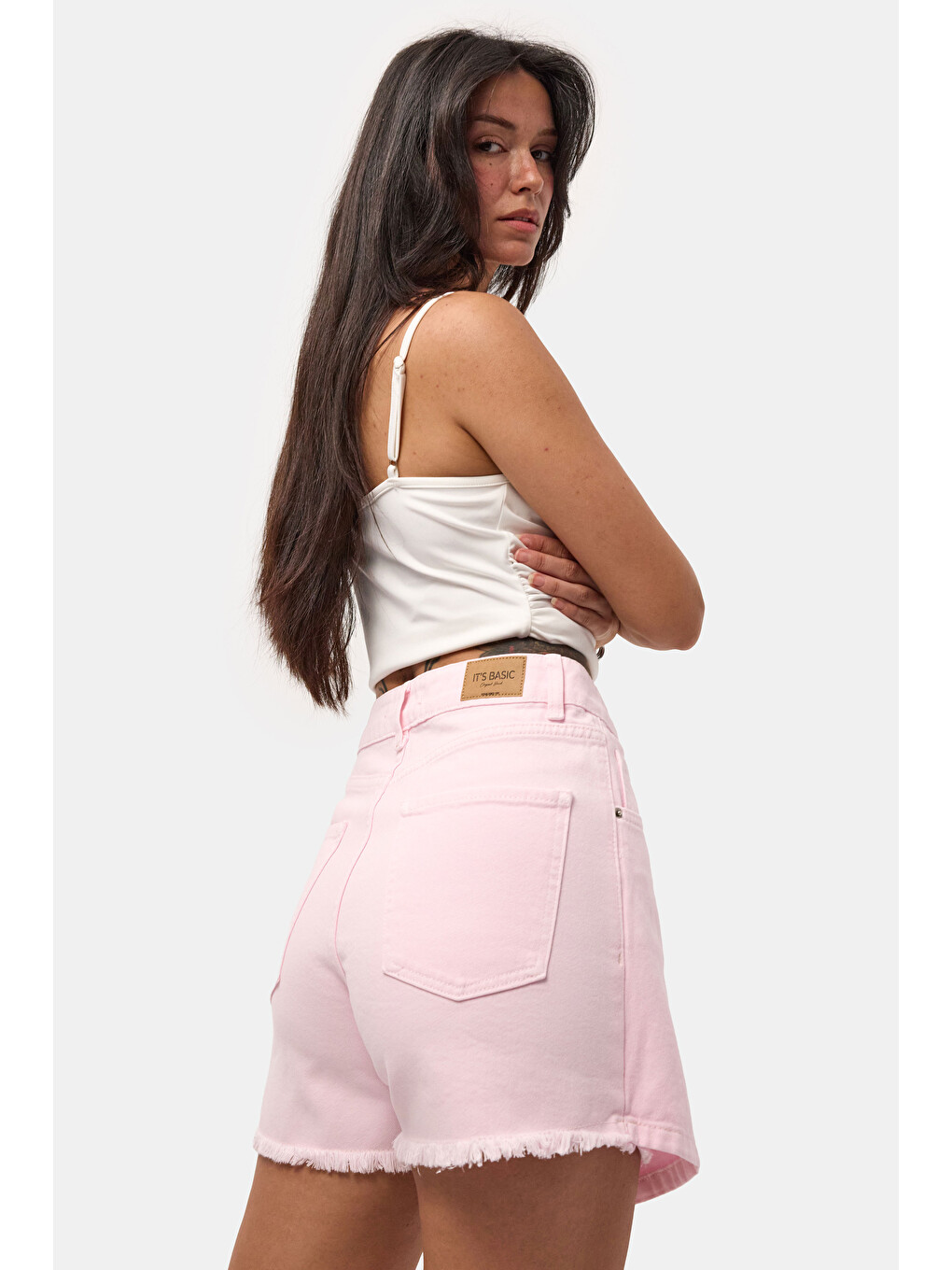 Kadın Pembe 6s6-98 Denim Şort Etek-4