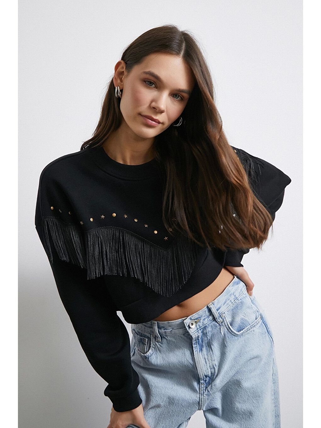 Püsküllü Crop Sweat Siyah-2