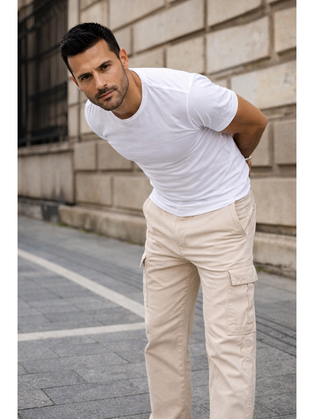 Erkek Kargo Cepli Pamuklu Bej Baggy Pantolon-3