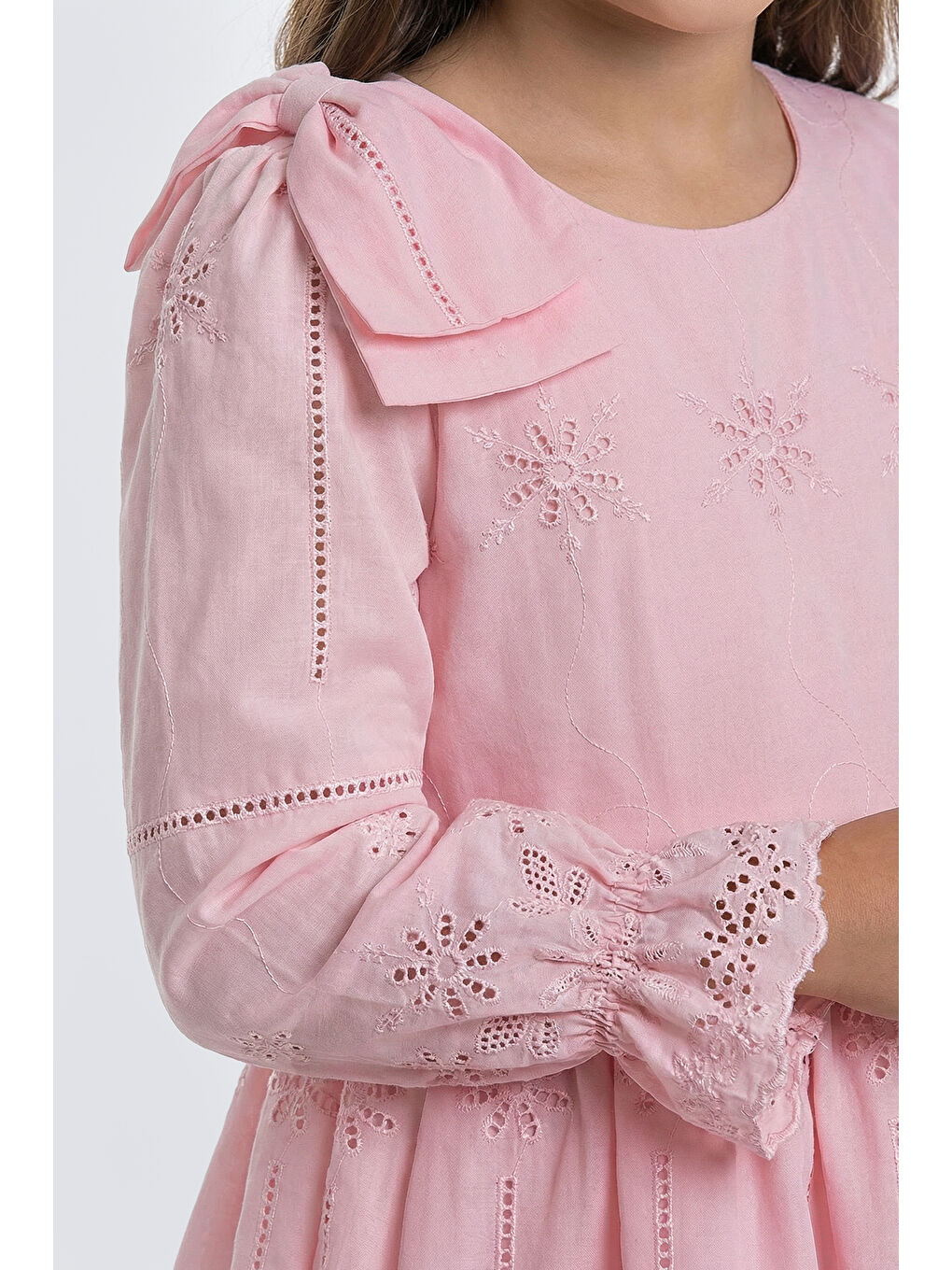 Pembe Kız Çocuk Omzu Fiyonk Detaylı Uzun Kollu Fisto Elbise-4