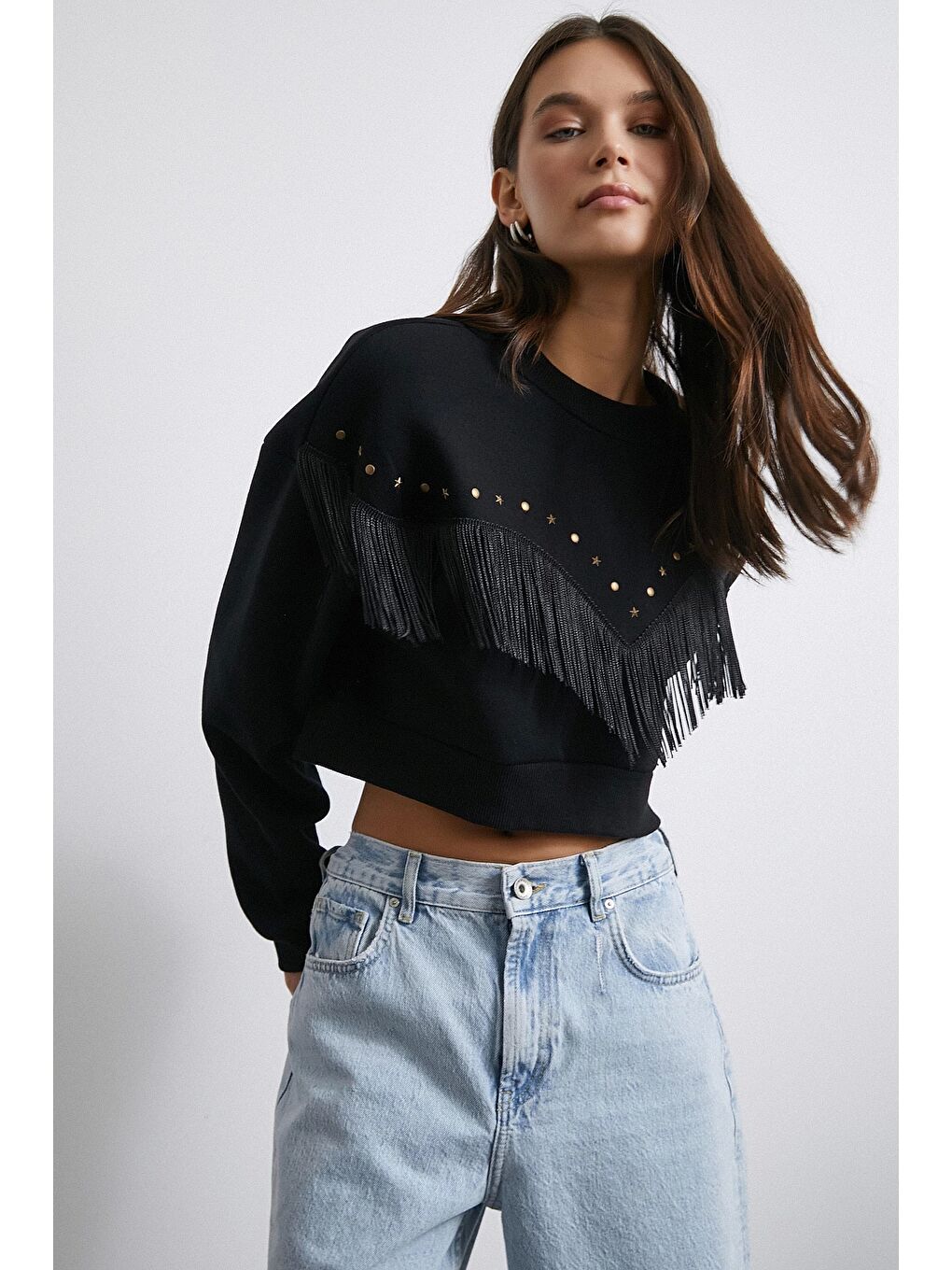 Püsküllü Crop Sweat Siyah-3